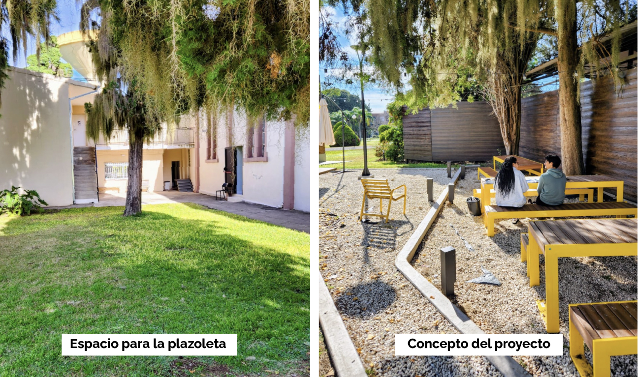 Comparación entre el espacio actual destinado a la plazoleta y un concepto de referencia con bancos, mesas y vegetación